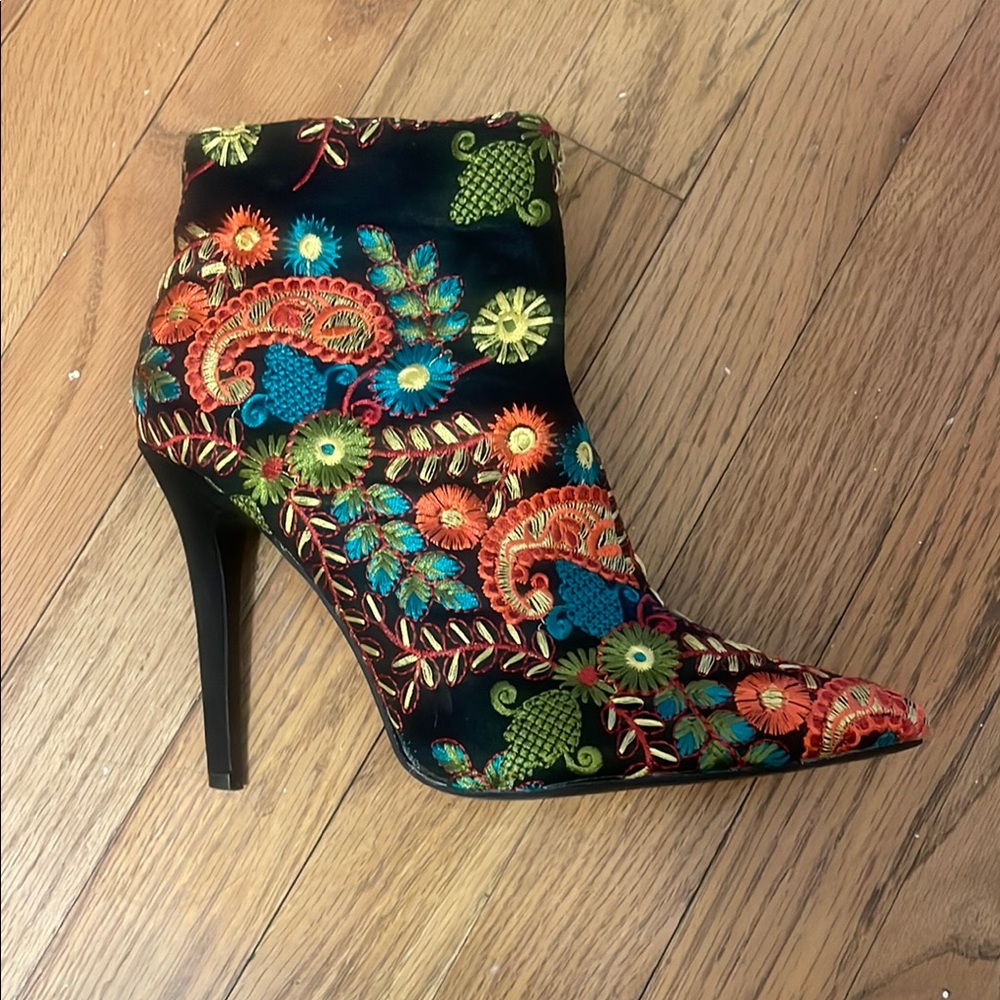 Embroidered Black Stiletto Ankle Boots